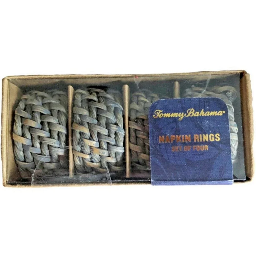 Tommy Bahama Napkin Rings Set of 4 Rattan Distressed Blue Brown Woven Wicker
